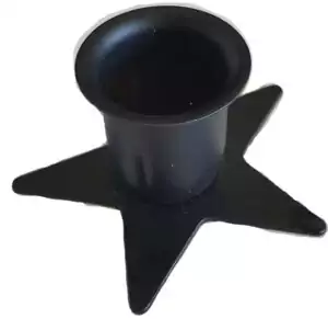 Pentagram taper candle holder cast metal with five-pointed star design, shown as altar candlestick for Wiccan ritual use