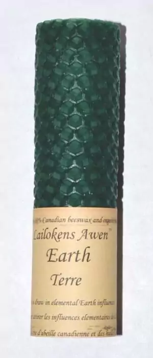 Earth Element beeswax ritual candle Lailokens Awen 4.25 inch — green hexagonal beeswax candle with label describing elemental earth influences.