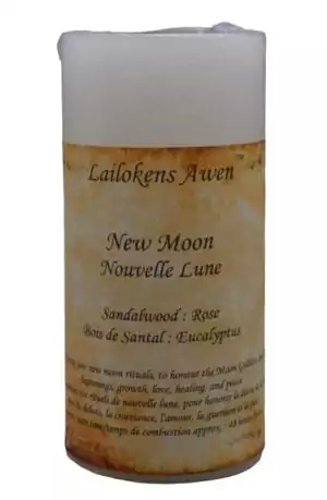 Lailokens Awen 4-inch New Moon scented ritual candle with lunar label for new moon intention setting and shadow work practice