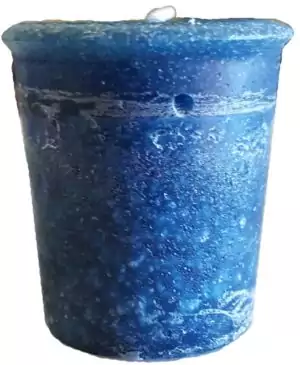 Crystal Journey Gratitude herbal votive candle in midnight blue with botanical label for thankfulness and abundance mindset ritual work