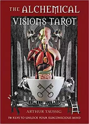 Alchemical Visions Tarot deck and book set by Arthur Taussig showing alchemical and mythological artwork on tarot cards with companion book