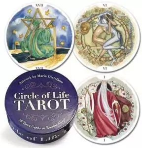 Circle of Life Tarot round cards by Maria Distefano with circular box — three illustrated circular tarot cards showing symbolic cyclical imagery.