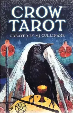 Crow Tarot card featuring a crow adorned with a white veil amid celestial symbols — sample card from MJ Cullinane's illustrated deck.