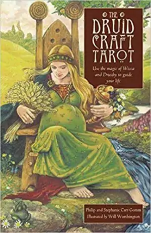DruidCraft Tarot card image showing a woman in green dress seated on a forest throne surrounded by nature — lush Will Worthington illustration from the Carr-Gomm deck.