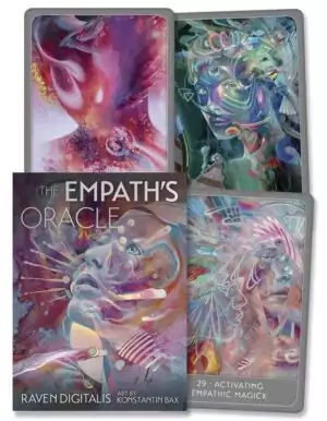 Empath's Oracle card deck with abstract colorful illustrations fanned out beside the accompanying 224-page guidebook in a boxed set.