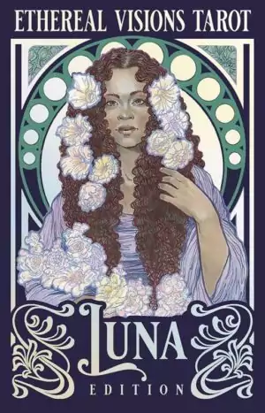 Ethereal Visions Tarot card featuring a woman with flower-adorned hair in Art Nouveau style surrounded by a decorative circular frame.