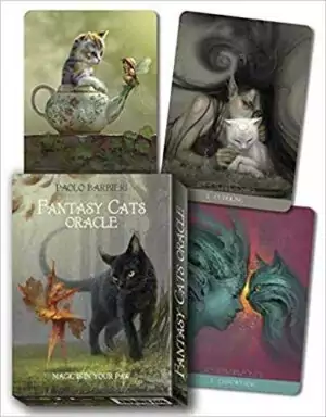 Fantasy Cats Oracle cards by Paolo Barbieri showing whimsical feline illustrations including a black cat, a tea-party scene cat, and other fantasy-themed cat imagery.