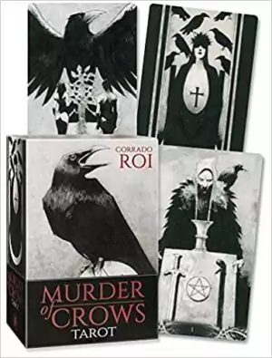 Murder of Crows Tarot box and cards by Corrado Roi featuring dark gothic artwork with crow and mystical figure imagery in black and white.