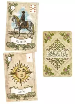 Two illustrated Lenormand cards: 'Rider' card showing a mounted horseman and 'Sun' card with a sun symbol — Old Style Lenormand box title card also visible.
