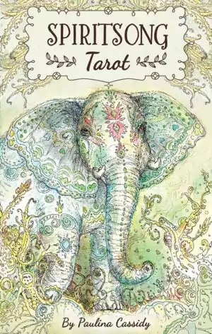 Spiritsong Tarot deck box featuring an illustrated elephant adorned with intricate patterns against a warm background.