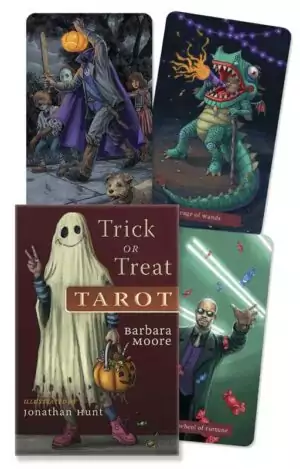 Trick or Treat Tarot deck and book set — collection of Halloween-themed tarot cards with costume imagery alongside Jonathan Hunt's companion guidebook.