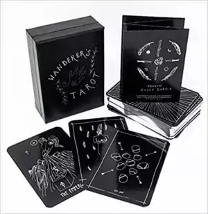 Wanderer's Tarot deck by Casey Zabala showing black and white linework feminist indie card art
