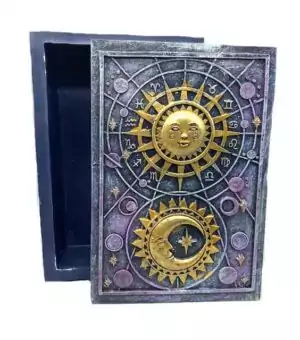 3.75x5.5-inch Sun and Moon tarot storage box with intricate celestial and astrological engraved motifs on the lid — a decorative resin box for tarot decks and altar items.