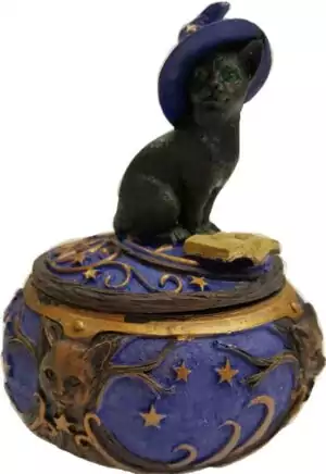 Five-inch decorative black cat figurine with spell book trinket storage box, shown with lid closed as a witchy altar accessory