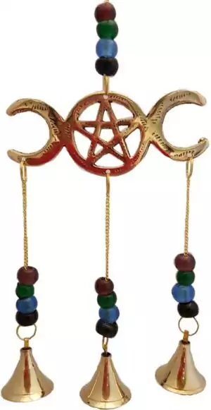 A decorative hanging metal wind chime featuring a pentagram in the center surrounded by crescent moon shapes — a 10-inch Triple Moon goddess symbol for Wiccan altar and outdoor sacred space decor.