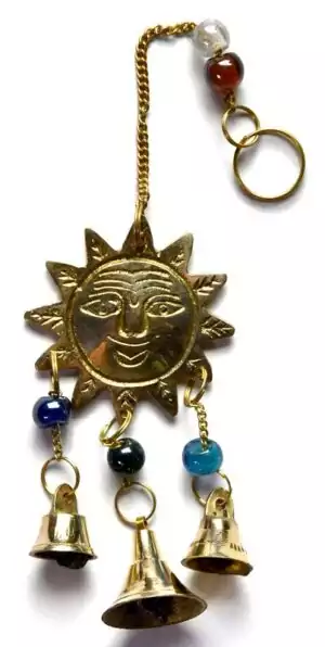 10-inch Sun wind chime decorative hanging — sun-shaped center piece with small bells and colorful bead accents on chain strands for altar, porch, and meditation space display.