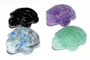 Set of 12 polished gemstone turtle carvings in 15mm size, assorted crystal varieties, miniature longevity and wisdom animal totem figurines for altar and gifting.