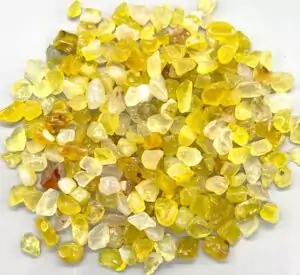 1 lb yellow agate tumbled chips 5-12mm showing warm golden yellow stone pieces in irregular chip shapes — solar plexus crystal bulk.