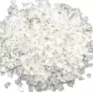 1 lb clear glass tumbled chips 5-8mm showing smooth transparent chip pile — bulk craft and altar decoration material.
