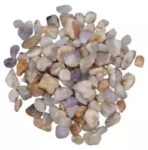 1 pound bag of South African spirit quartz cactus quartz tumbled chips 8 to 12mm showing characteristic druzy point texture for crystal work