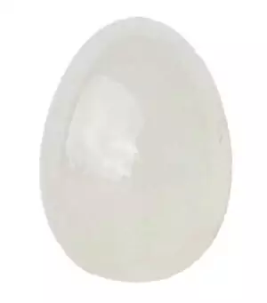 2-inch polished clear quartz crystal egg showing smooth white oval form with natural crystal inclusions — meditation and altar stone.
