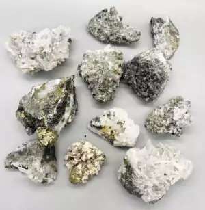 Three-pound flat of quartz crystal specimens combined with aragonite and pyrite mineral inclusions, showing metallic gold flecks and white crystal clusters in a bulk lot.
