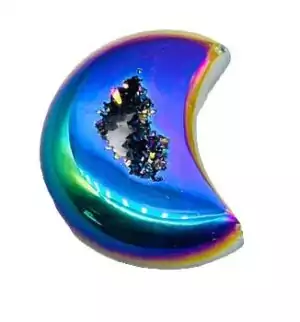 3-inch moon rainbow druzy agate geode crescent shape with iridescent blue and green sparkling mineral coating — smaller lunar altar piece.