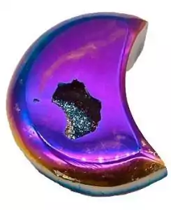 4-inch moon rainbow druzy agate geode in crescent shape with iridescent purple and blue sparkling mineral surface — lunar altar display piece.