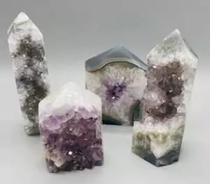 Amethyst obelisk with sparkling druzy crystal face showing 1.4-1.8 lb natural polished tower with violet crystal matrix.