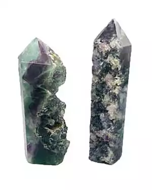 Large 1.7-2.5 lb fluorite natural obelisk tower with one polished face showing green and purple crystal banding — substantial altar display piece.