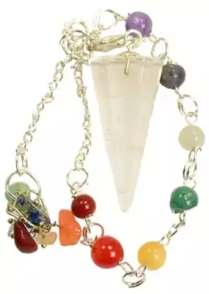 Clear quartz crystal pendulum with seven colorful chakra bead accents on the chain, used for dowsing all seven chakras and general energy divination.