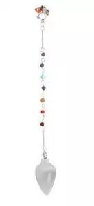 Selenite 7 Chakra pendulum with white crystal body and seven colored gemstone beads hanging from a silver chain — chakra dowsing tool.