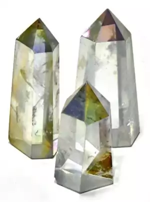 A 1.5-inch angel aura quartz crystal point with iridescent rainbow platinum-bonded surface, showing shimmering opalescent shimmer on a clear quartz tower.