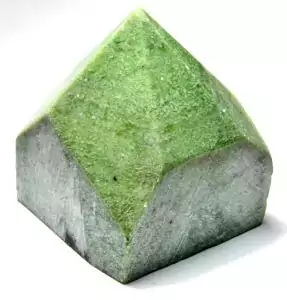 A green garnet top-polished crystal point with natural rough base and polished apex showing deep green garnet coloration, for heart chakra and regenerative energy work.