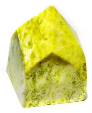 A yellow jade top-polished crystal point with rough natural base and smooth polished top, showing warm golden-yellow jade coloration for abundance and solar energy work.