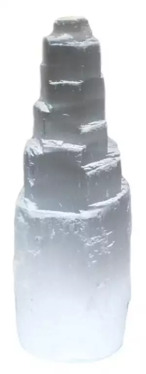 Natural white selenite iceberg point crystal with raw base and tapering generator top for altar display and energetic cleansing
