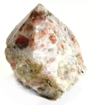A sunstone top-polished crystal point generator with rough natural base and a smooth polished apex, showing golden-orange adventurous sparkle of sunstone.