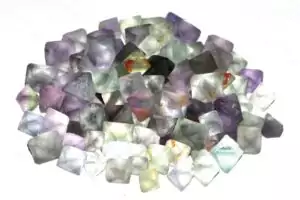 One-pound collection of natural green fluorite octahedral double-pyramid crystals for sacred geometry grids heart chakra focus and mental clarity meditation