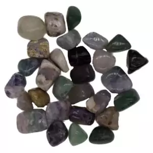 One-pound collection of smooth rainbow fluorite tumbled stones in banded purple green blue and yellow for mental clarity focus creativity and chakra balancing