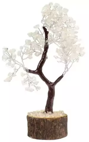 Handcrafted wire gemstone tree sculpture with 160 clear quartz chip beads for amplifying energy manifestation and altar decor in sacred spaces