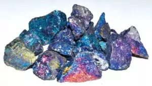 One pound raw chalcopyrite peacock ore stones showing vivid rainbow iridescent tarnish in blues greens and golds for creativity crystal