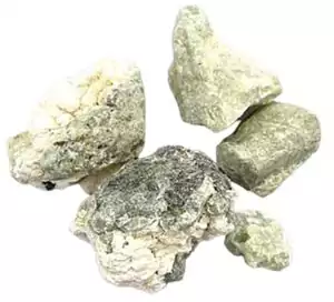 1 lb raw prehnite with rutile untumbled stones showing greenish rough surface with golden rutile needle inclusions — heart chakra bulk crystal.