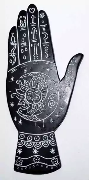 7.5-inch palmistry hand incense stick burner with chiromancy line markings on sculpted hand for divination altar decor