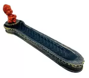 Orange painted Buddha figurine incense burner, 10.25 inches tall, with holder for incense sticks at the front, a cheerful altar censer for meditation spaces.
