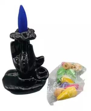 3.5-inch black resin Flower and Hand backflow incense burner shaped as an outstretched hand with a flower, designed for downward cascading smoke cone effect on altars.