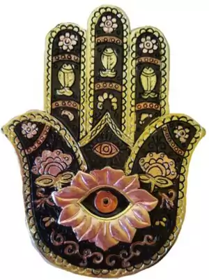Gold and black Hamsa (Hand of Fatima) incense stick burner combining protective spiritual symbolism with elegant altar décor functionality.