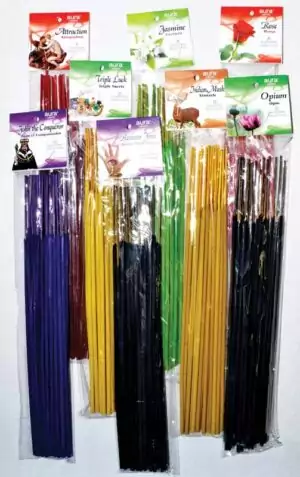 Aura variety incense sticks assortment pack showing multiple colored stick packs in clear plastic with variety of labeled headers