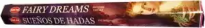 Fairy Dreams HEM incense sticks 20-pack — colorful whimsical packaging with bilingual Spanish 'Sueños de Hadas' design and fantasy artwork.