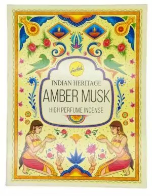 Box of Amber Musk Indian Heritage incense sticks 15g with packaging showing brand name and amber-toned decorative design.