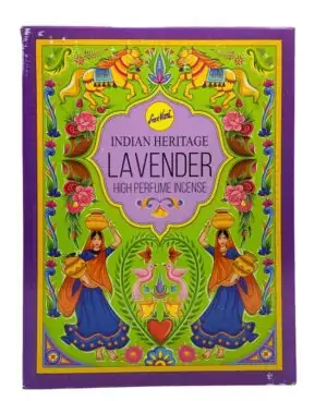 Box of Lavender Indian Heritage incense sticks 15g with purple-toned packaging and brand name — hand-rolled masala lavender blend.